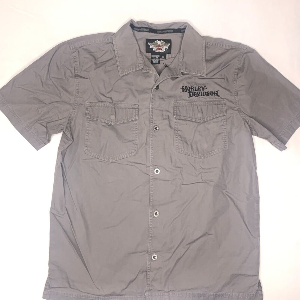 HARLEY DAVIDSON Gray Short Sleeve Button Down Shirt Graphic on Back Mens Sz Med